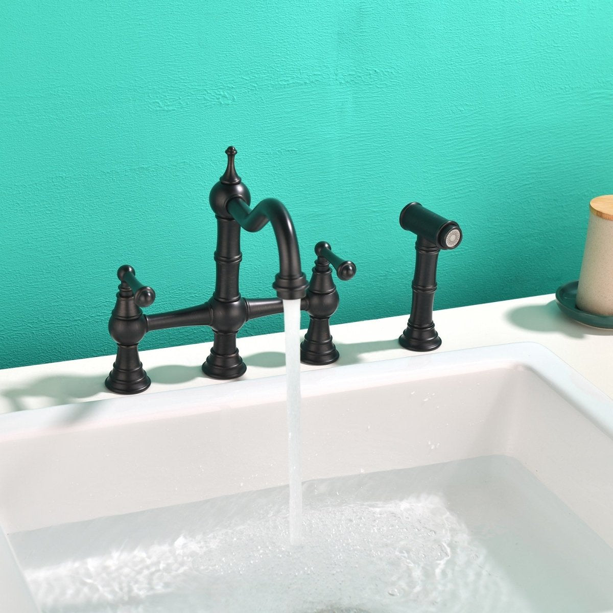 2-Handle Bridge Kitchen Faucet with Side Sprayer Bronze - buyfaucet.com