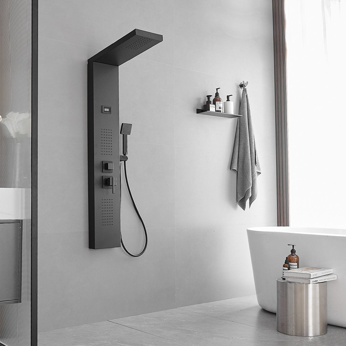 2-Jet Rainfall Shower Panel System in Stainless Steel Black - buyfaucet.com