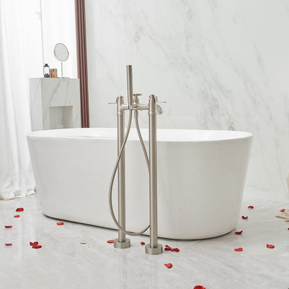 3-Handle Floor Mount Roman Bathtub Faucet Brushed Nickel - buyfaucet.com