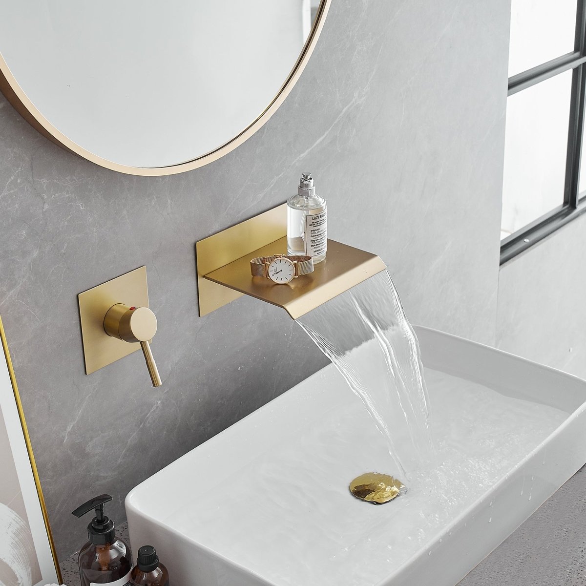 Single Handle Wall Mount Spout Waterfall Bathroom Faucet Gold - buyfaucet.com