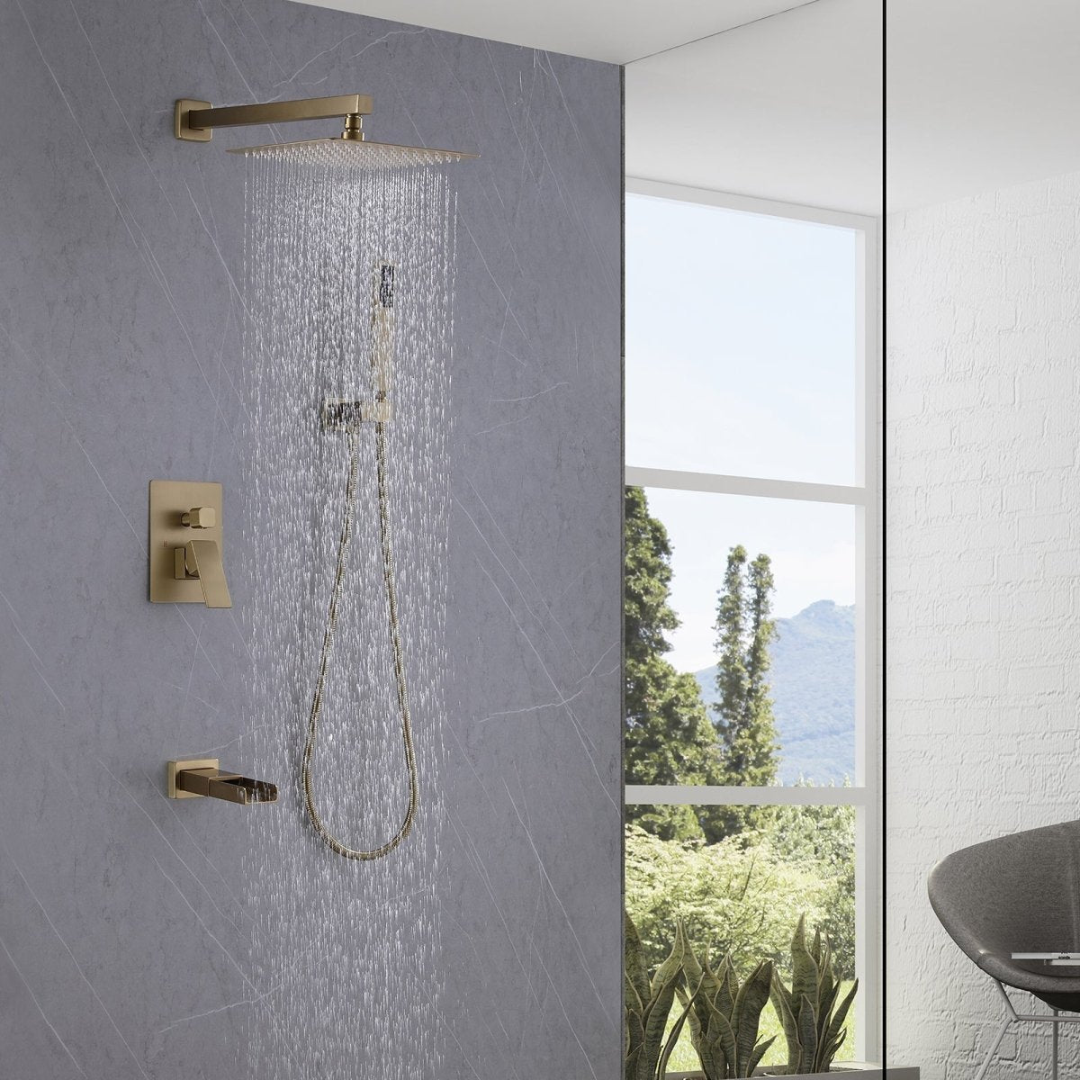 Waterfall Spout 3-Spray Tub and Shower Faucet Brushed Gold - buyfaucet.com