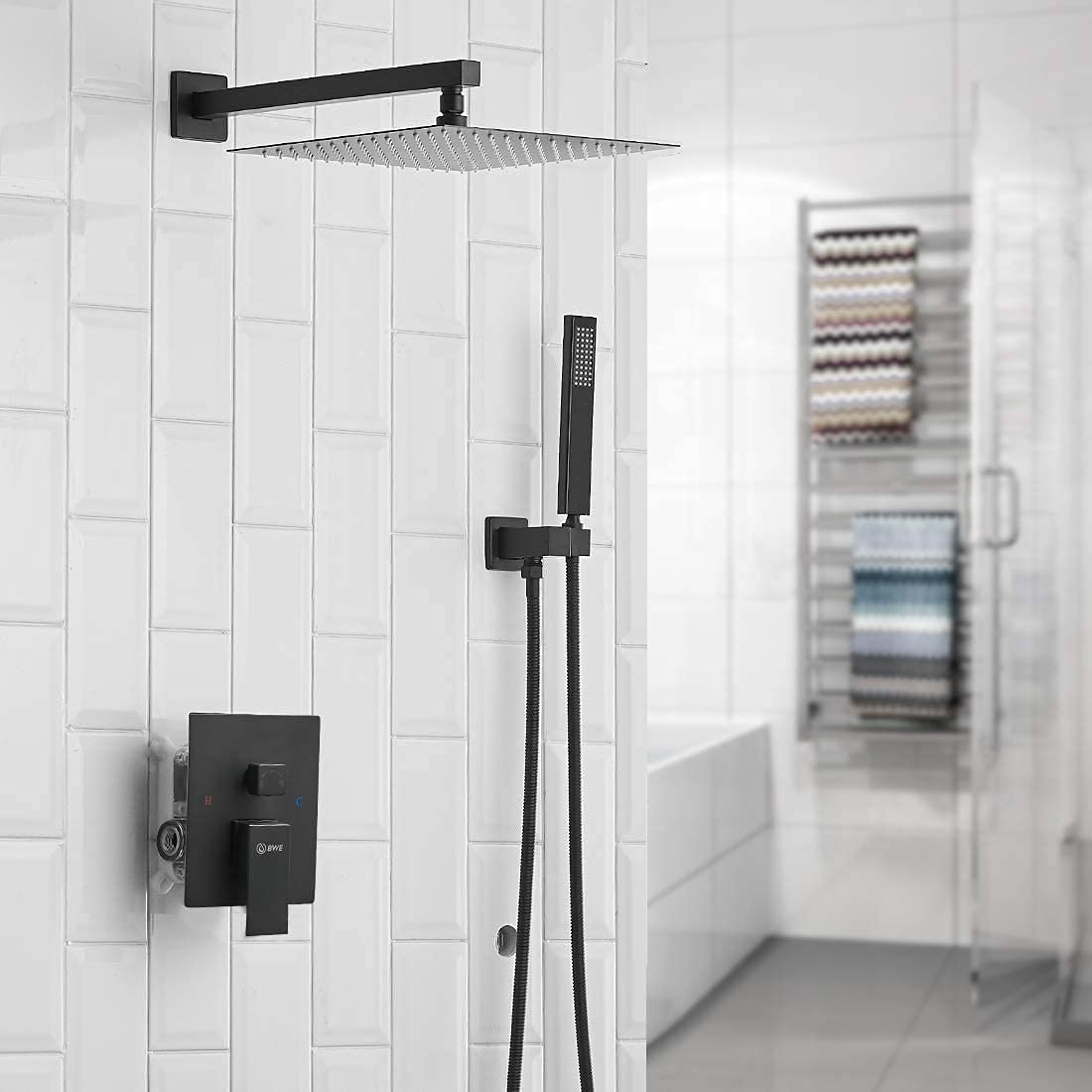 1-Handle 2-Sprayers 16'' Showerhead Shower Faucet Black-1 - buyfaucet.com