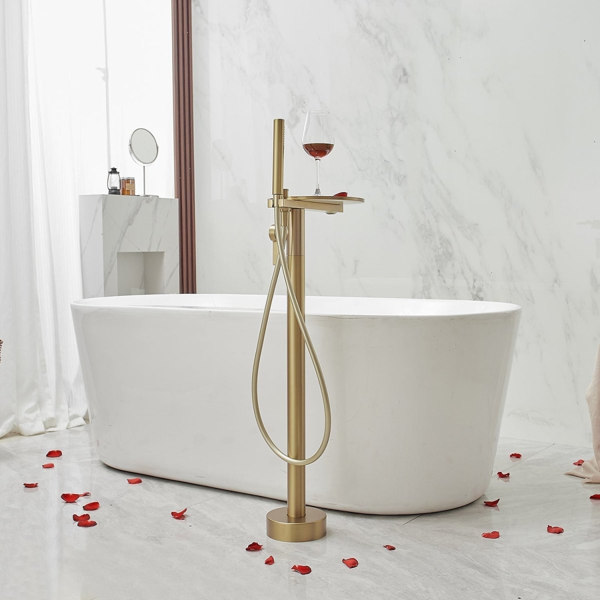 1-Handle Floor Mount Roman Tub Faucet Bathtub in Brsued Gold - buyfaucet.com