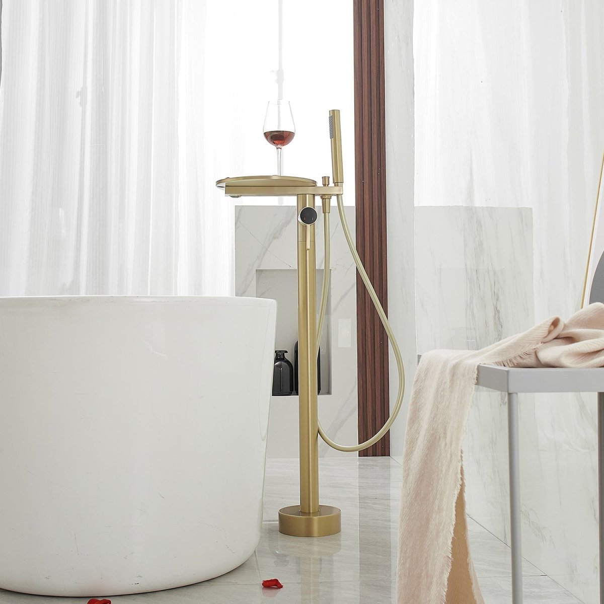 1-Handle Floor Mount Roman Tub Faucet Bathtub in Brsued Gold - buyfaucet.com