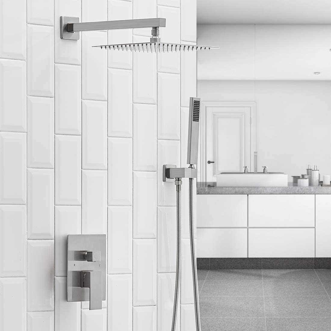 10 Inch Square Bathroom Shower Combo Set in Brushed Nickel-1 - buyfaucet.com