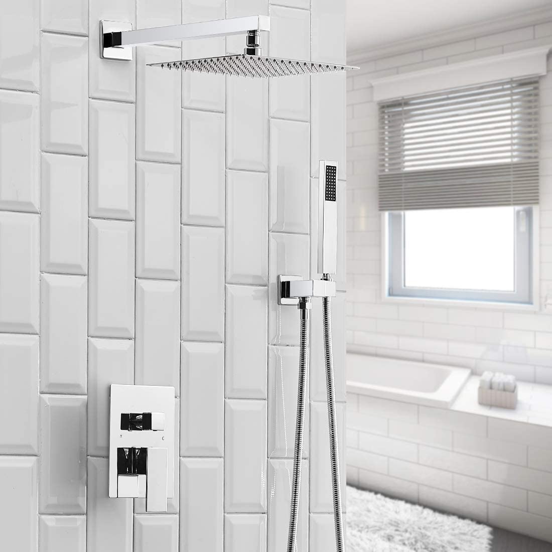 10 Inch Square Bathroom Shower Combo Set in Polished Chrome-1 - buyfaucet.com
