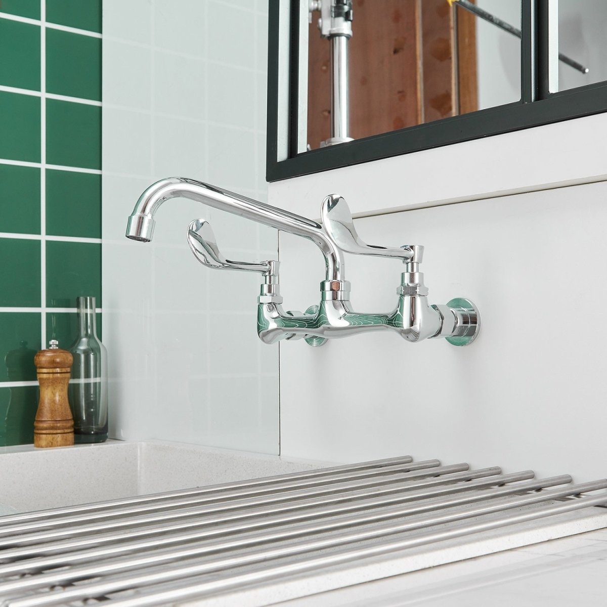 2-Handle Commercial Wall Mount Kitchen Faucet in Chrome - buyfaucet.com