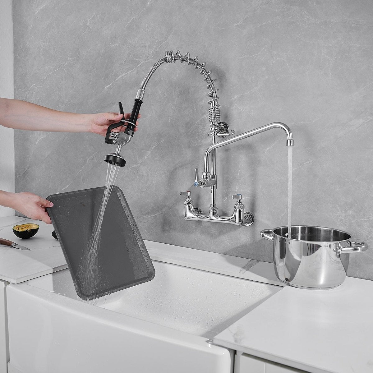 2-Handle Wall Mount Pre-Rinse Spray Kitchen Faucet Chrome - buyfaucet.com