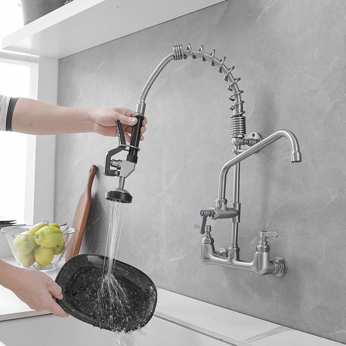 2-Handle Wall Mount Pre-Rinse Spray Kitchen Faucet Nickel - buyfaucet.com