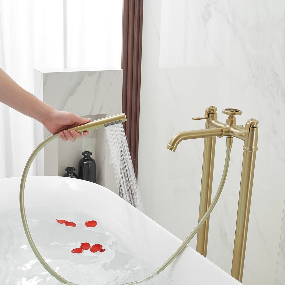 3-Handle Floor Mount Roman Bathtub Faucet Brushed Gold - buyfaucet.com