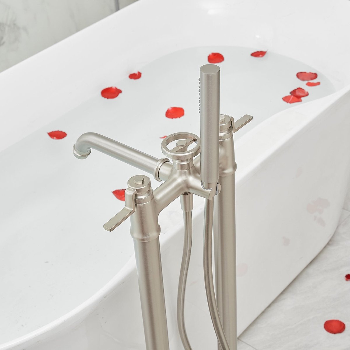 3-Handle Floor Mount Roman Bathtub Faucet Brushed Nickel - buyfaucet.com