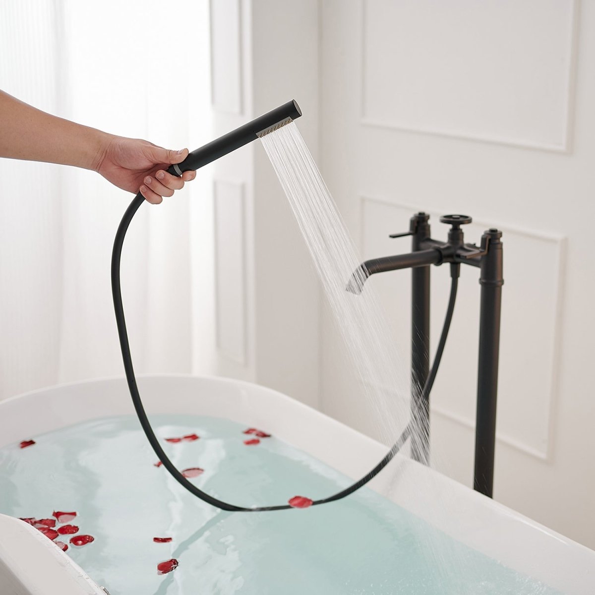 3-Handle Floor Mount Tub Faucet Bathtub Filler Matte Black - buyfaucet.com