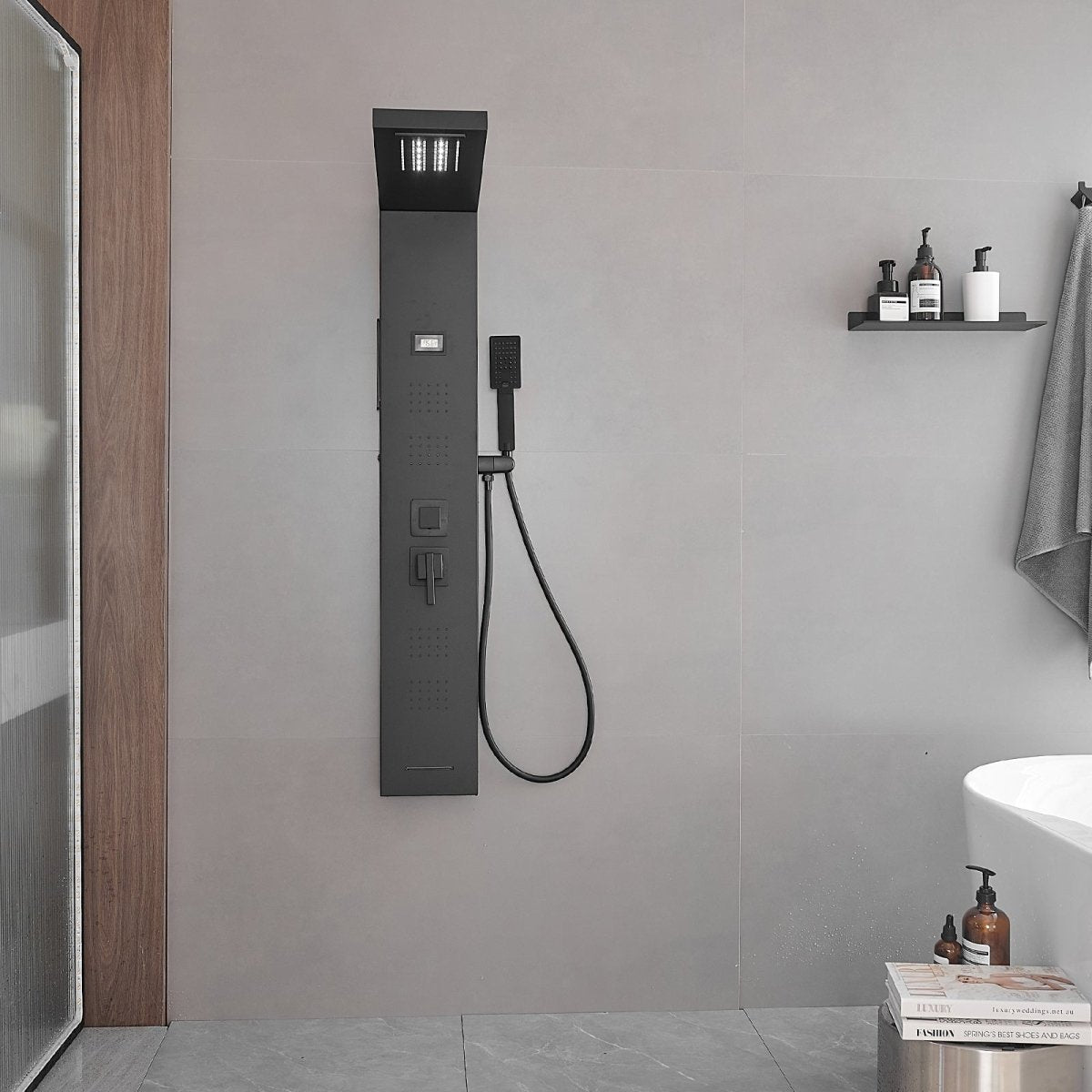 4-Jet Rainfall Shower Panel System in Stainless Steel Black - buyfaucet.com