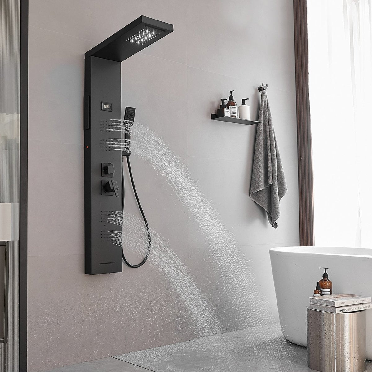 4-Jet Rainfall Shower Panel System in Stainless Steel Black - buyfaucet.com