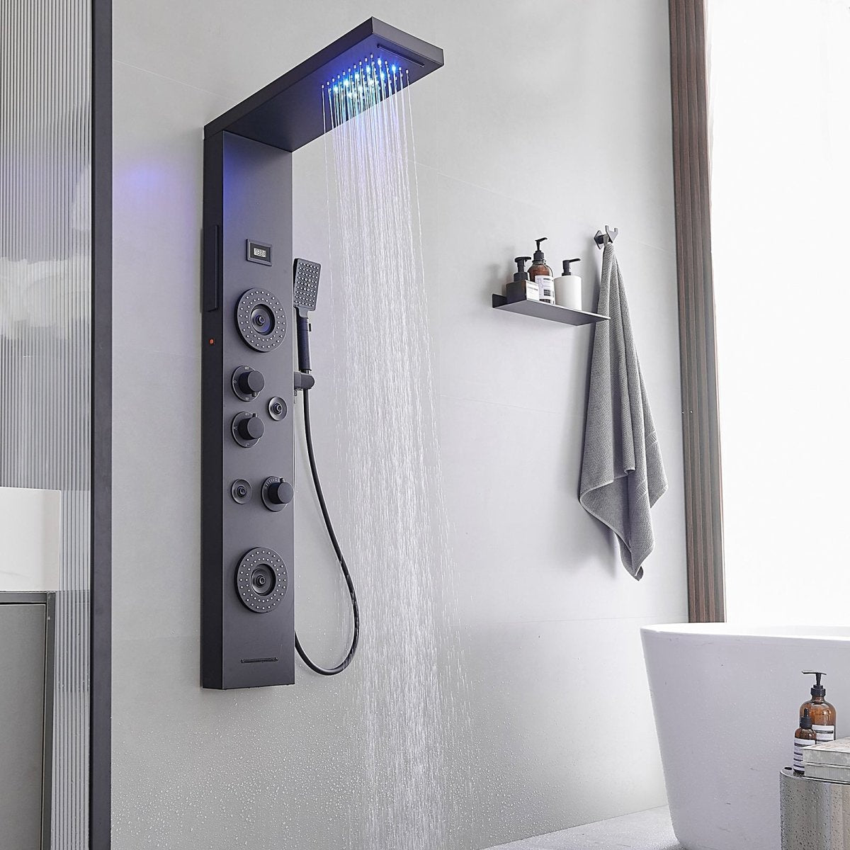 5-Jet Rainfall Shower Panel System in Stainless Steel Black - buyfaucet.com