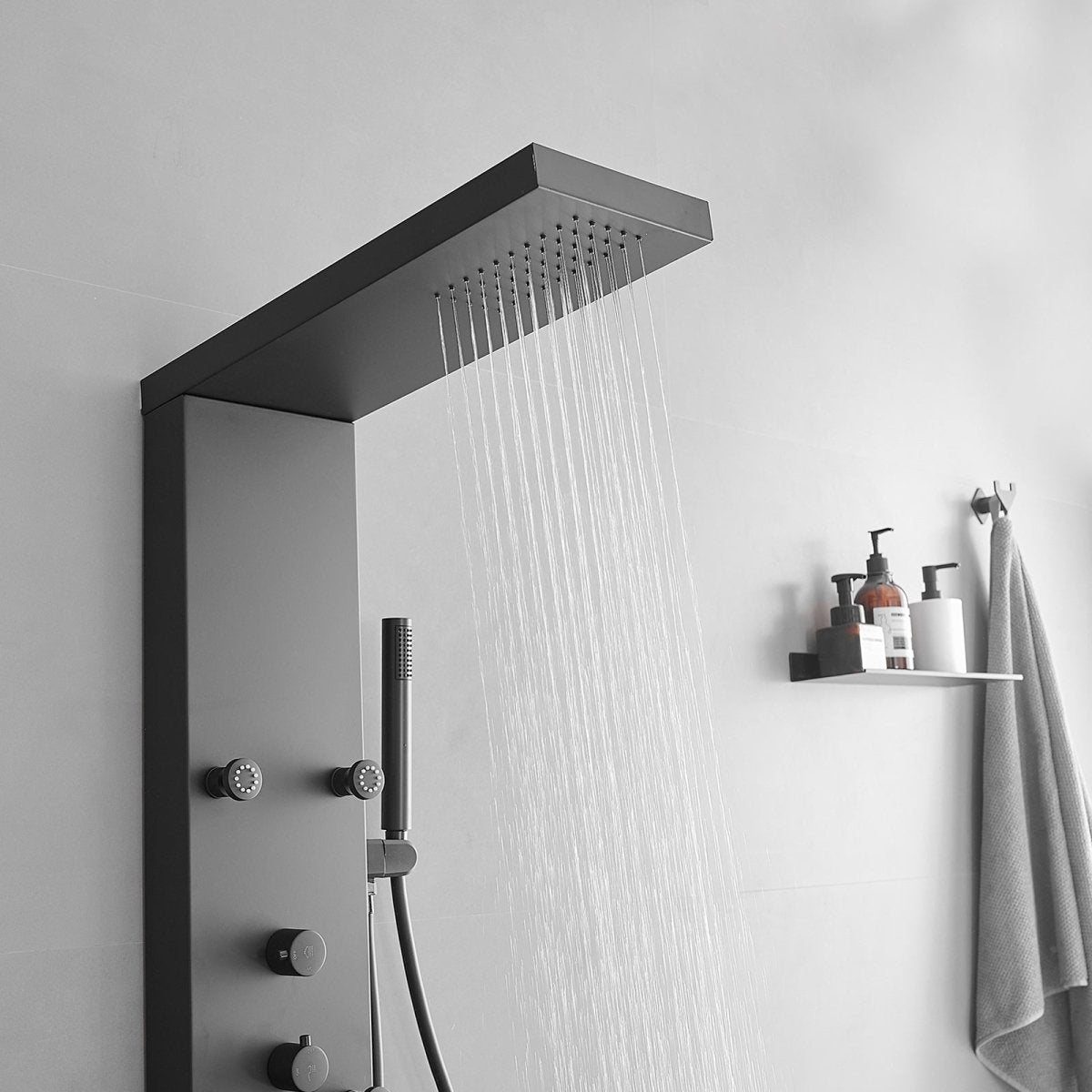 6-Jet Rainfall Shower Panel System in Stainless Steel Black - buyfaucet.com