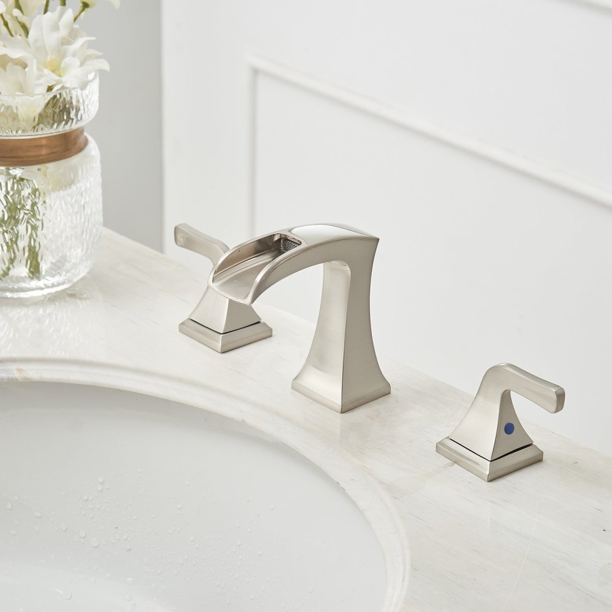 8 in 2-Handle Waterfall Bathroom Sink Faucet Brushed Nickel - buyfaucet.com