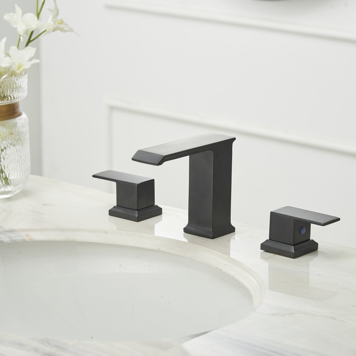 8 in Double Handle Bathroom Faucet with Drain Matte Black - buyfaucet.com