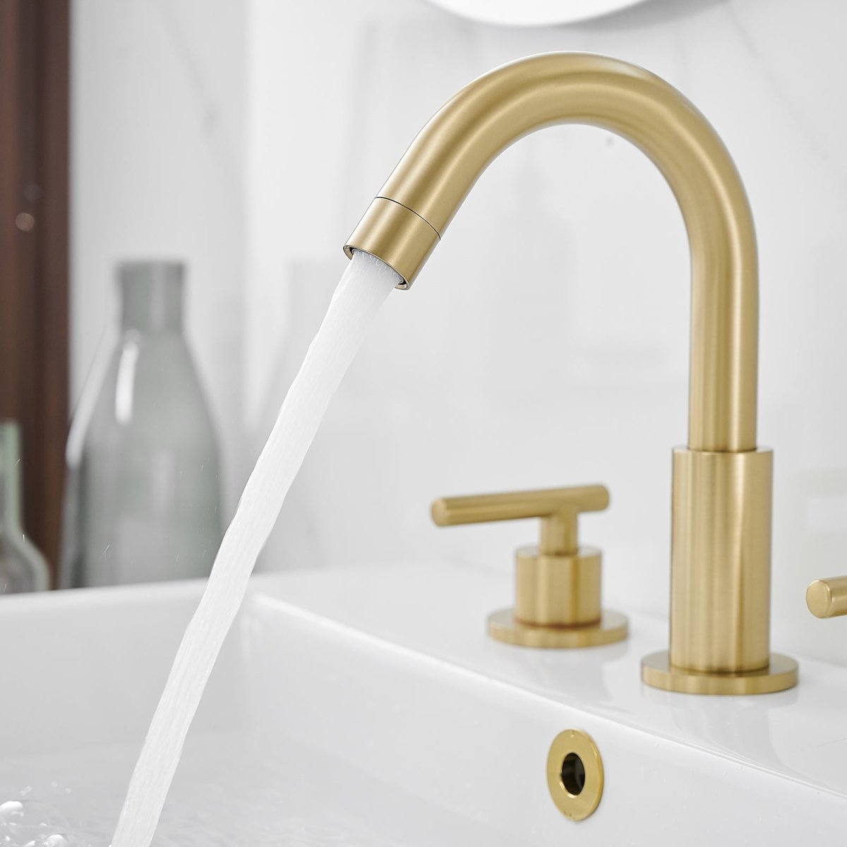 8 in. Widespread 2-Handle Mid-Arc Bathroom Faucet Brushed Gold - buyfaucet.com
