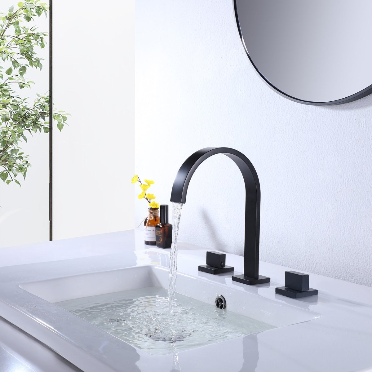 8 Inch 2-Handle Waterfall 3 Holes Bathroom Sink Faucet Black - buyfaucet.com