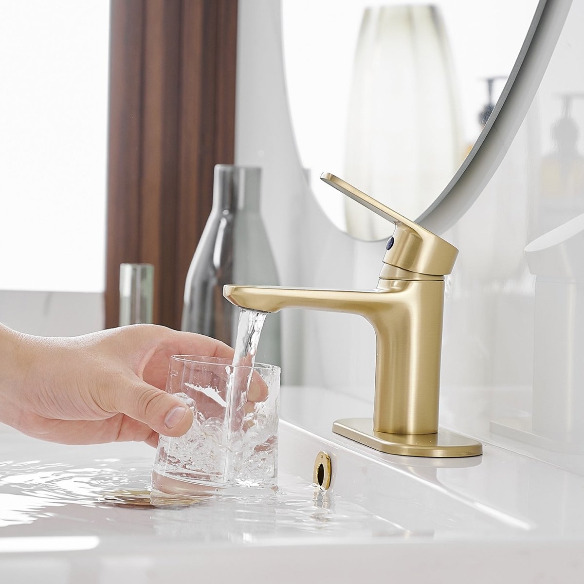 Low-Arc Modern Drip-Free Vanity Bathroom Faucet Brushed Gold - buyfaucet.com