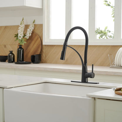 Pull Down Kitchen Sink Faucet with Deck Plate Matte Black - buyfaucet.com