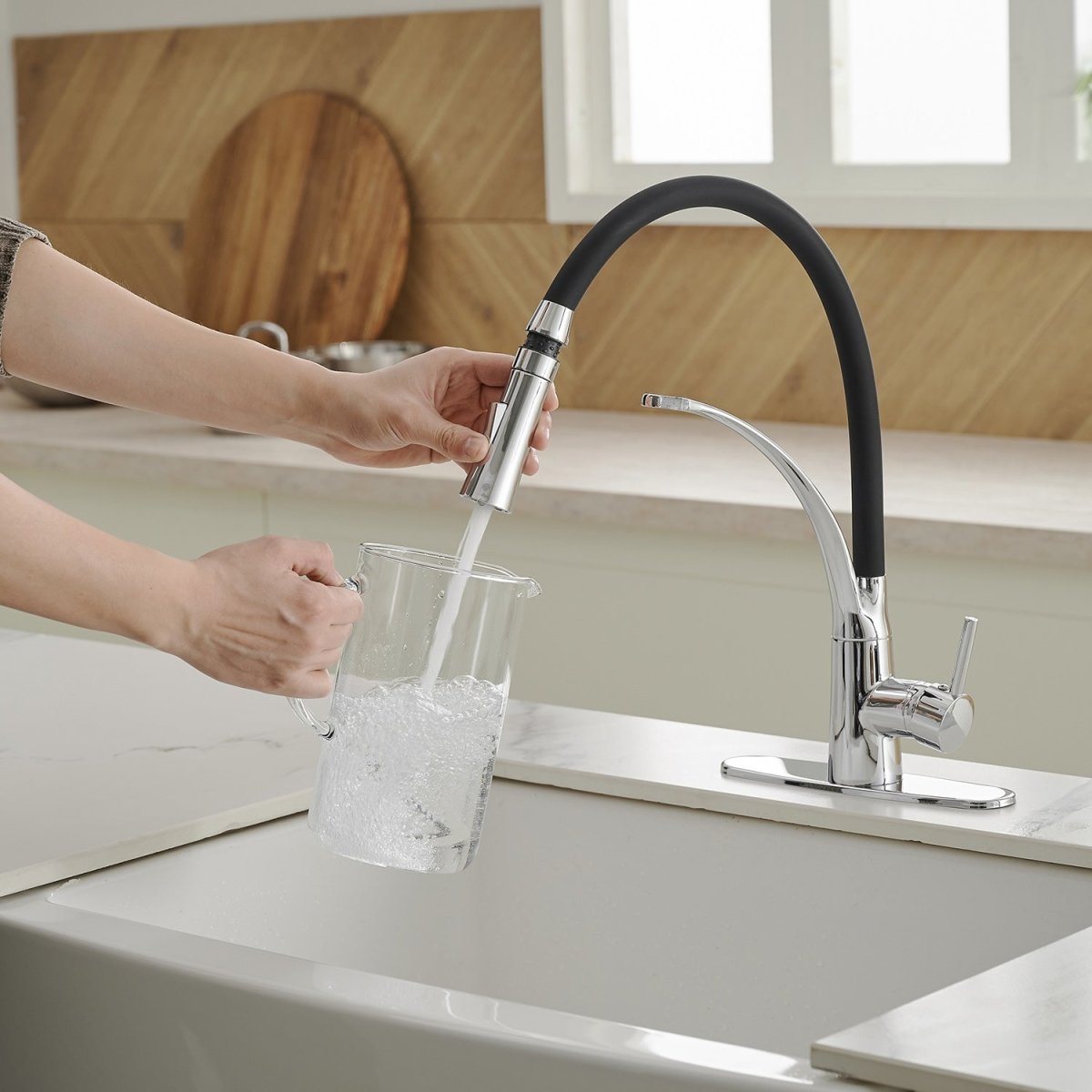 Pull Down Kitchen Sink Faucet with Deck Plate Polished Chrome - buyfaucet.com