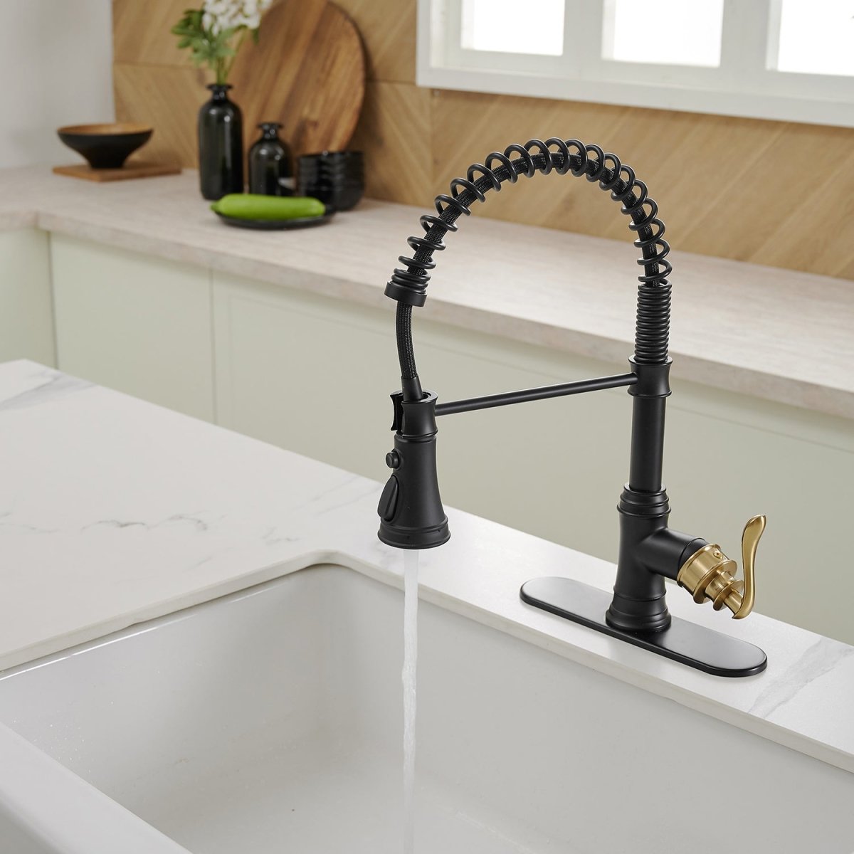 Single-Handle Faucet With Deck Plate in Matte Black & Gold-1 - buyfaucet.com