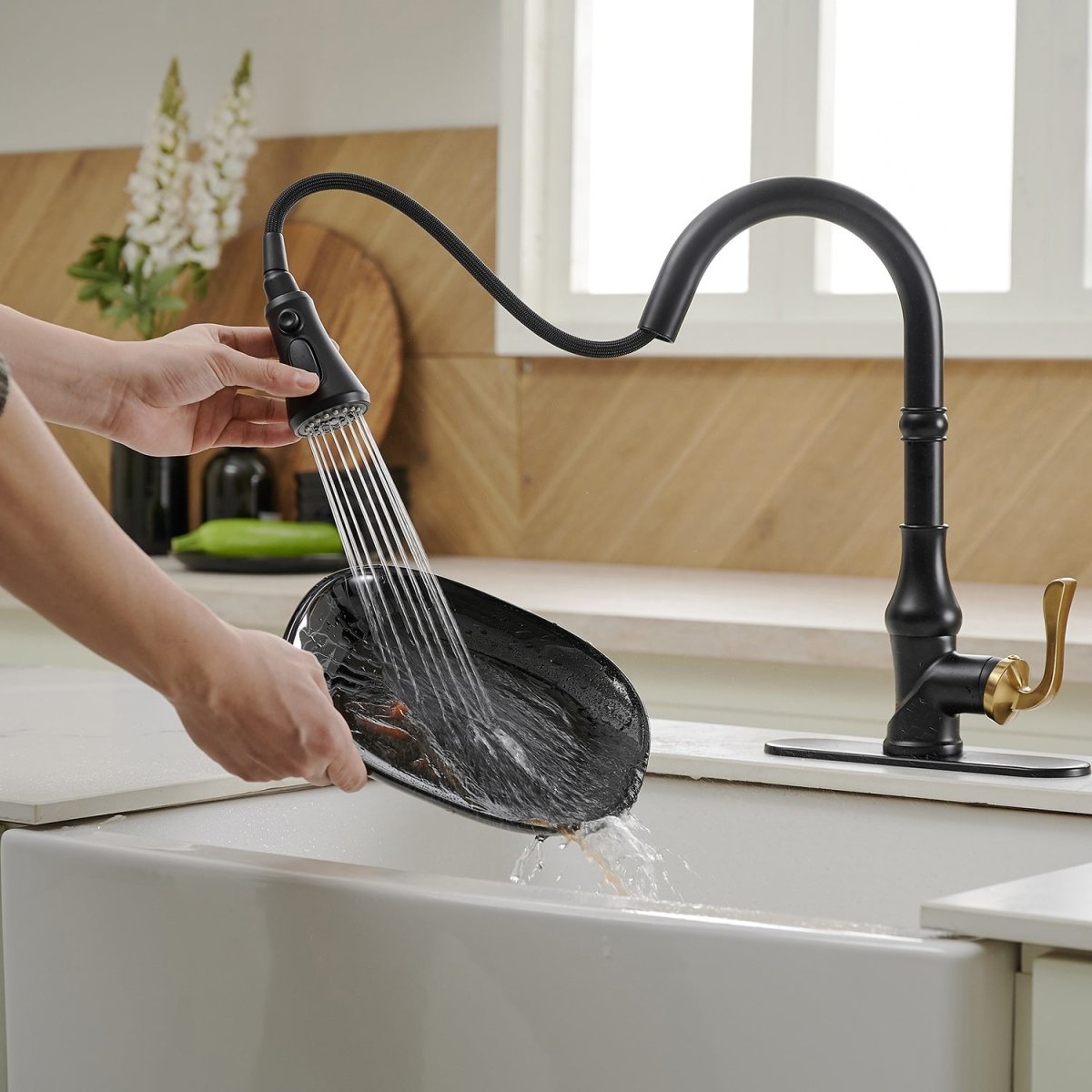 Single-Handle Faucet With Deck Plate in Matte Black & Gold - buyfaucet.com