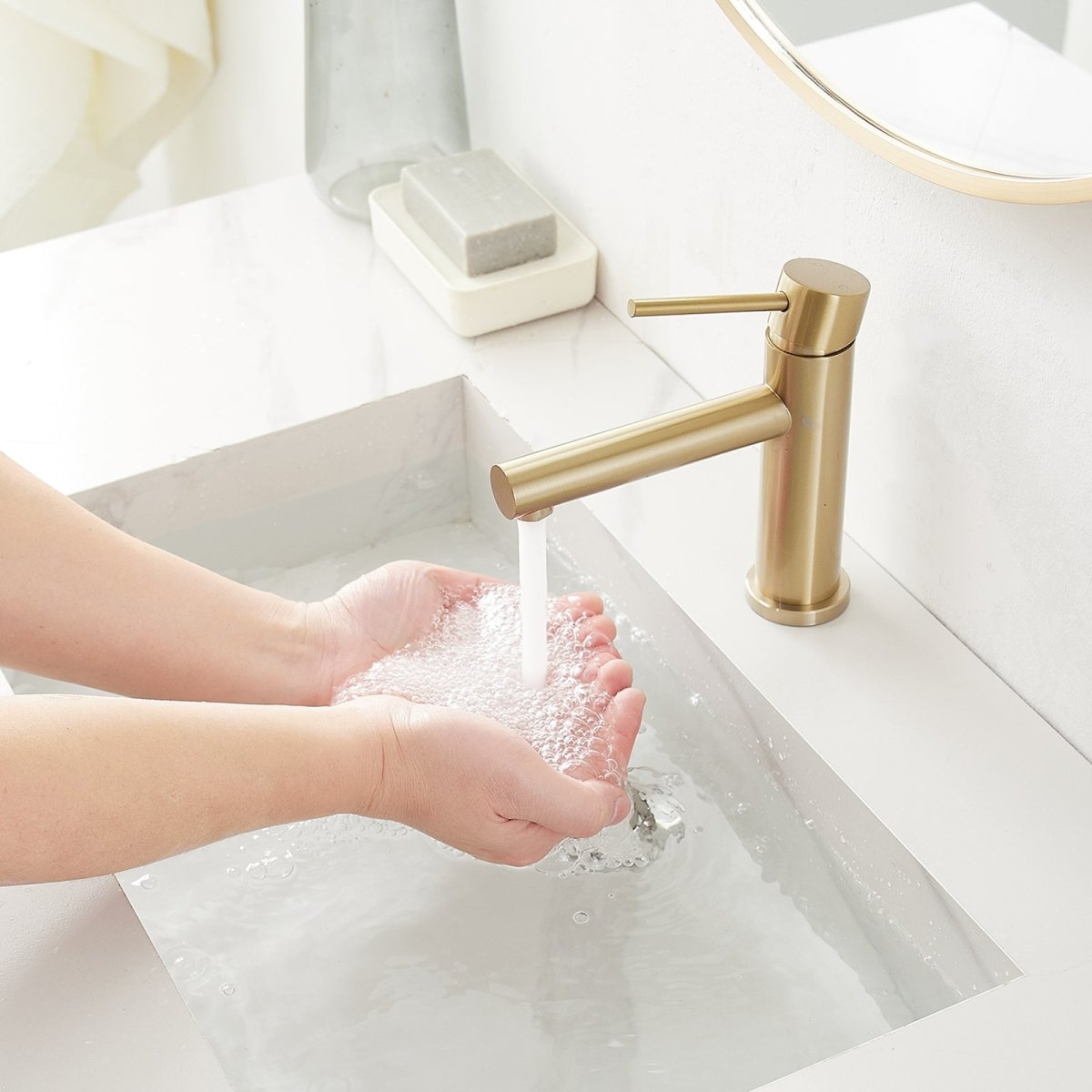 Single-Handle Low-Arc Drip-Free Vanity Bathroom Faucet Gold - buyfaucet.com