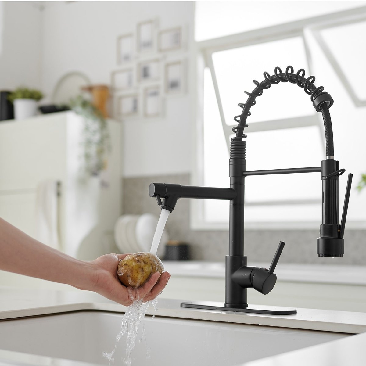 Single-Handle Pull-Down Kitchen Faucet with Deck Plate Black - buyfaucet.com