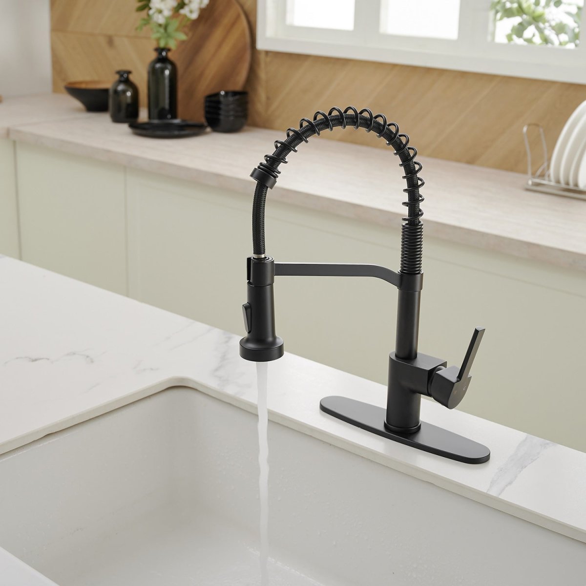 Single Handle Pull Down Kitchen Faucet with Deck Plate Black - buyfaucet.com