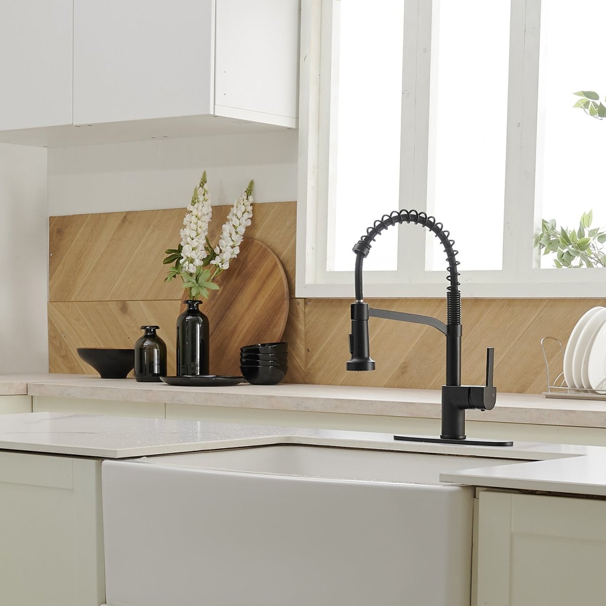Single Handle Pull Down Kitchen Faucet with Deck Plate Black - buyfaucet.com