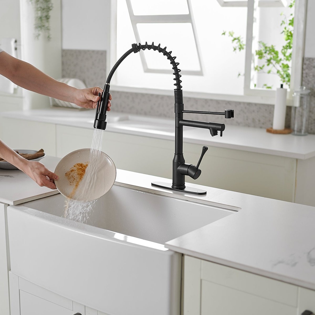 Single Handle Pull Down Kitchen Faucet with Two Spout Black - buyfaucet.com