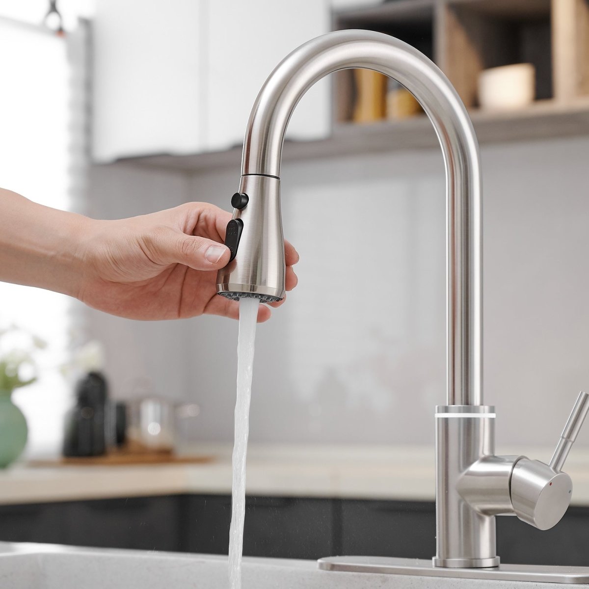 Single Handle Pull-Out Sprayer Kitchen Faucet Brushed Nickel - buyfaucet.com