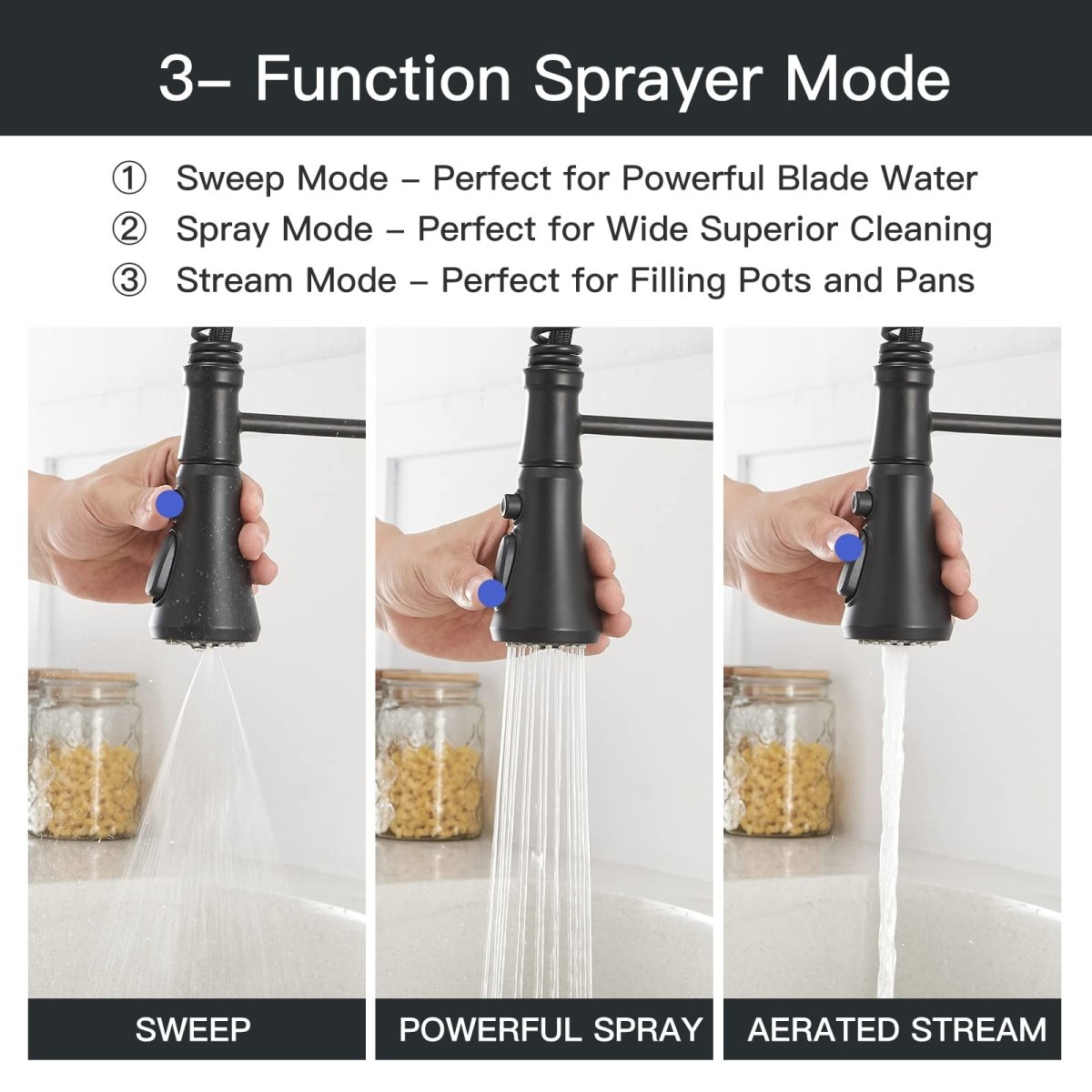 Single-Hole Sprayer 3 Spray Kitchen Faucet Black - buyfaucet.com