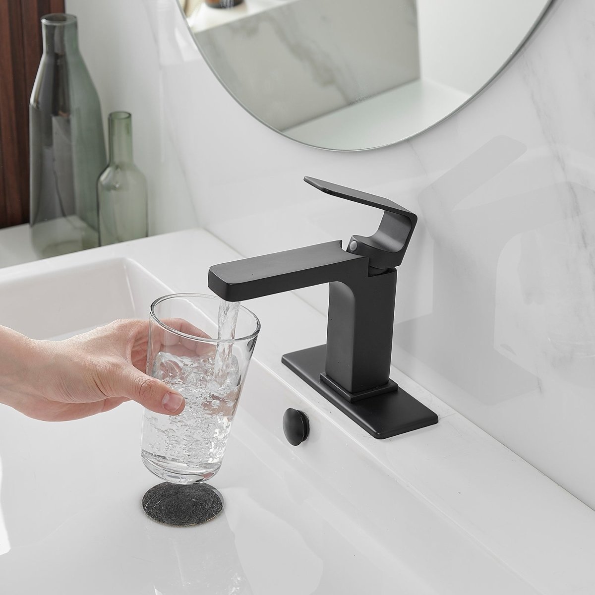 Solid Brass Square Modern Faucet with Pop Up Drain Black - buyfaucet.com