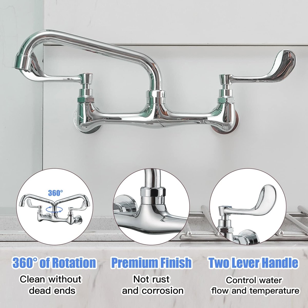 Wall Mount Kitchen Faucet with 8 in Swivel Spout Chrome - buyfaucet.com