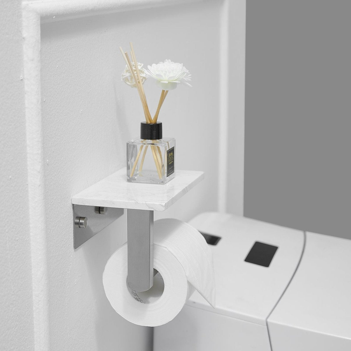 Wall Mount Toilet Paper Holder with Natural Marble Shelf Nickel - buyfaucet.com