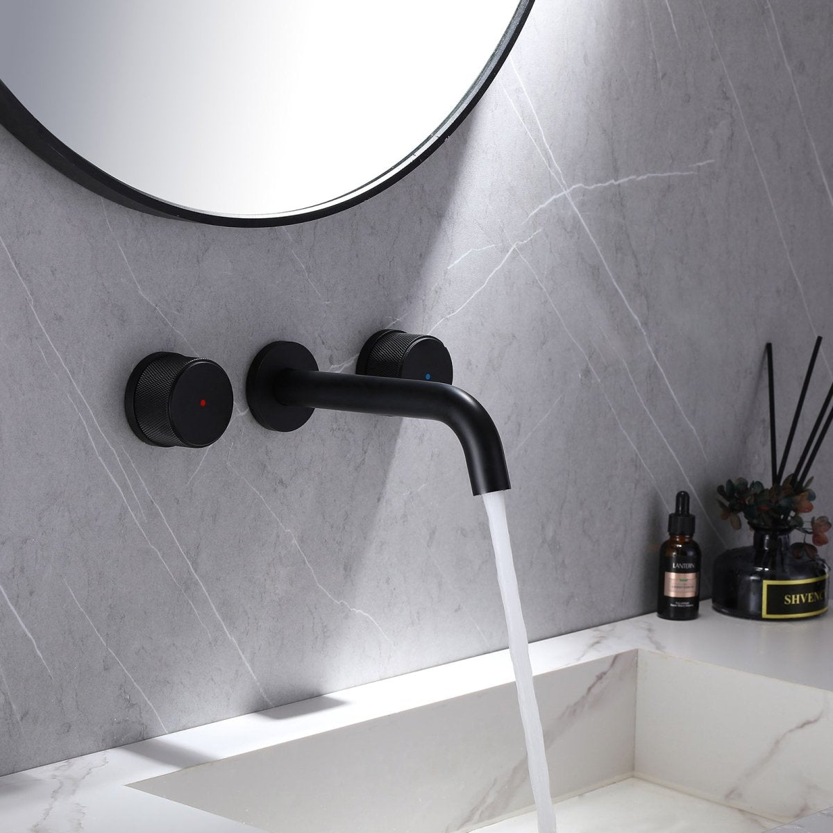 Wall Mounted Double Hole Two Handle Bathroom Faucet Black - buyfaucet.com