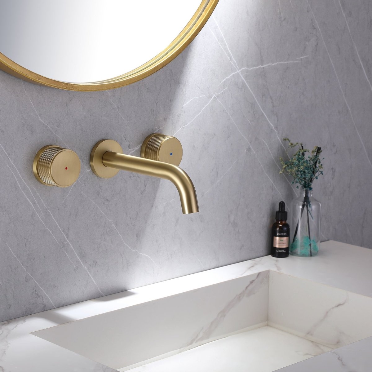 Wall Mounted Double Hole Two Handle Bathroom Faucet Gold - buyfaucet.com
