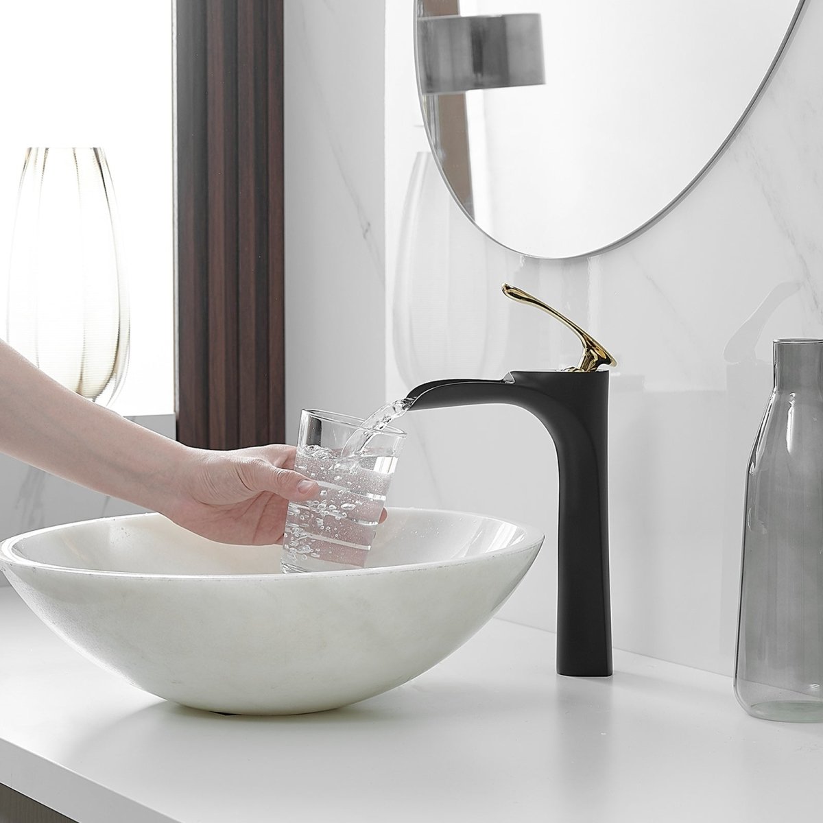 Waterfall Bathroom Vessel Sink Faucet With Drain Black Gold - buyfaucet.com