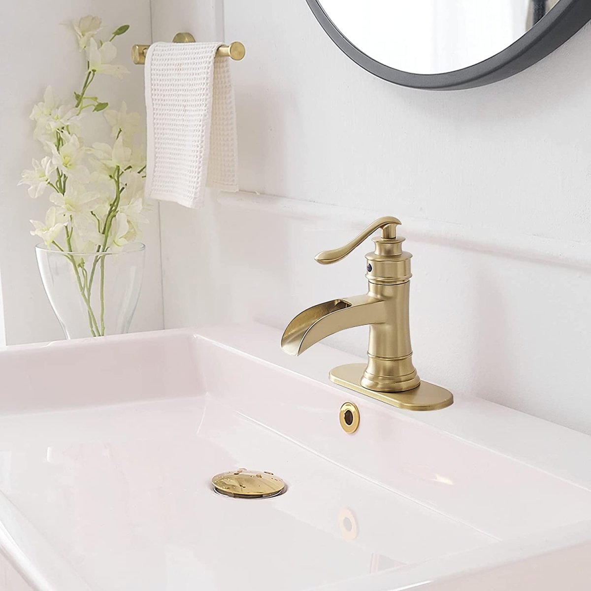 Waterfall Single-Handle Low-Arc Bathroom Faucet Brushed Gold-1 - buyfaucet.com