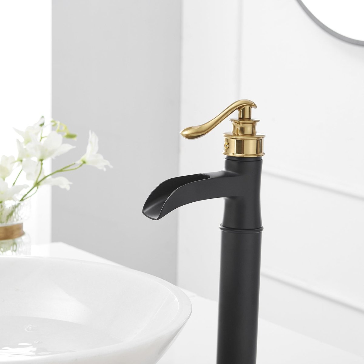 Waterfall Single Hole 1-Handle Bathroom Sink Faucet Black & Gold-1 - buyfaucet.com