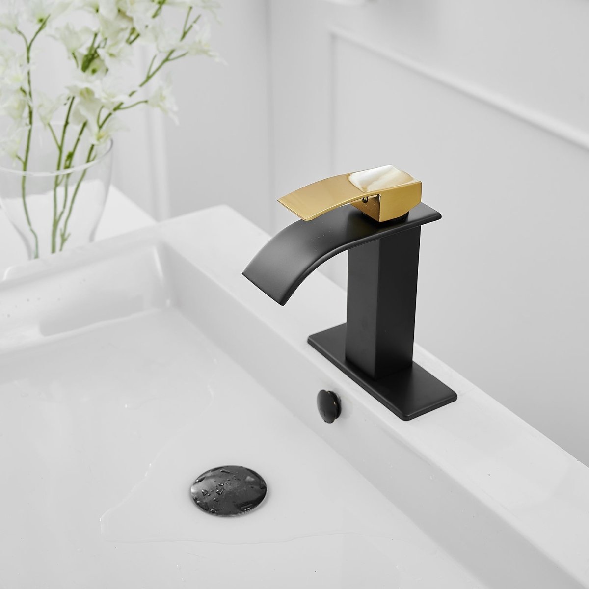 Waterfall Single Hole Bathroom Faucet Matte Black & Gold - buyfaucet.com