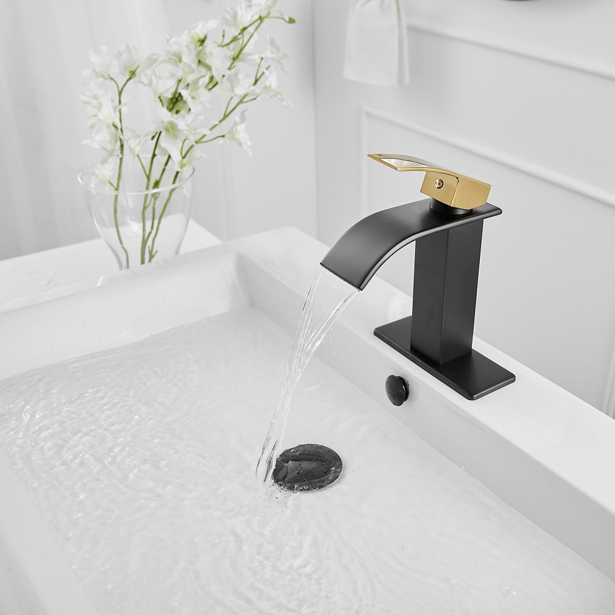 Waterfall Single Hole Bathroom Faucet Matte Black & Gold - buyfaucet.com