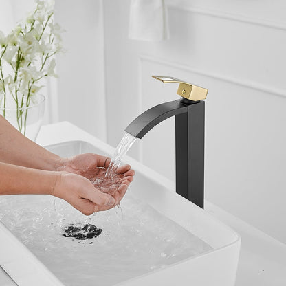Waterfall Single Hole Bathroom Vessel Sink Faucet Black Gold - buyfaucet.com