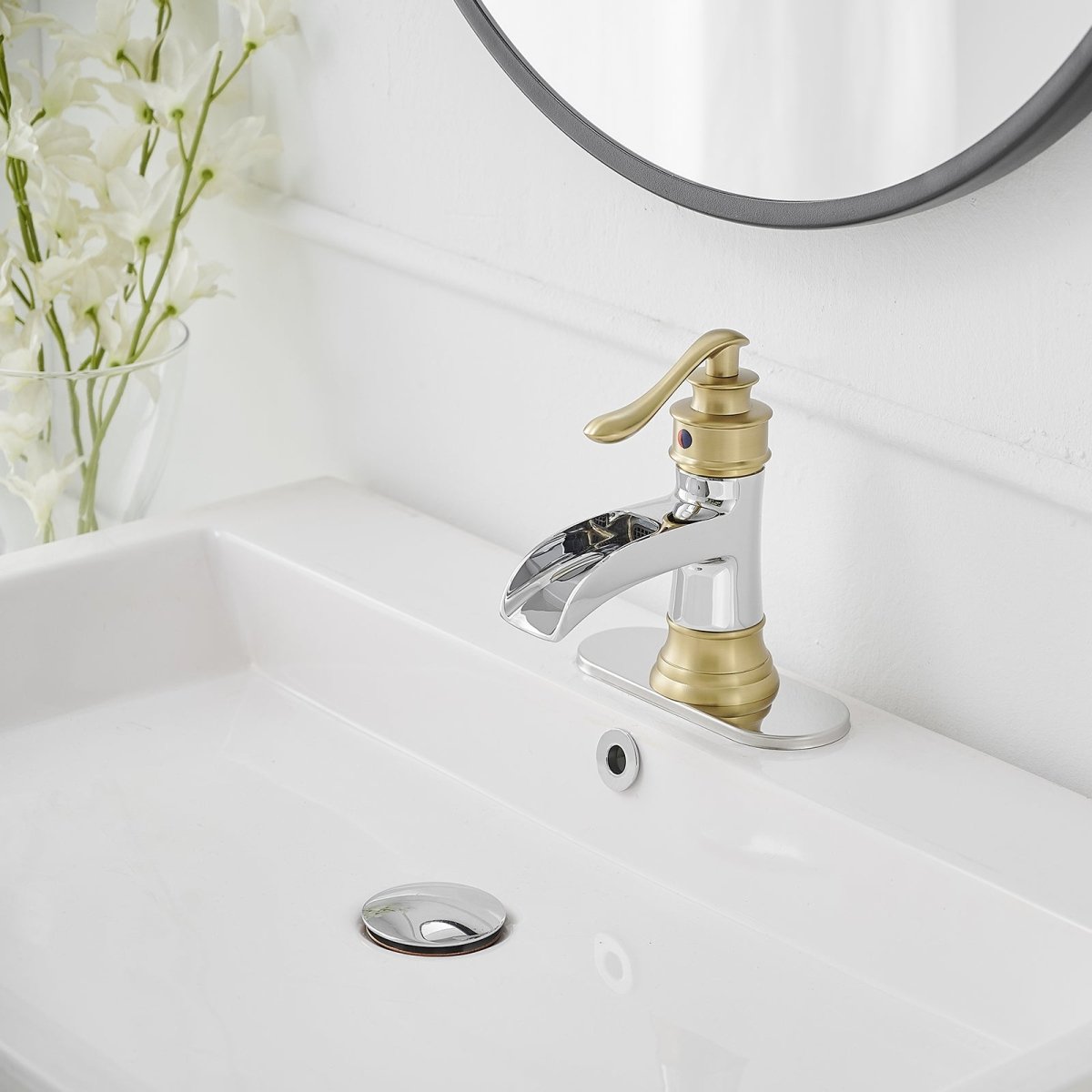 Waterfall Single Hole Low-Arc Bathroom Faucet in Chrome & Gold - buyfaucet.com