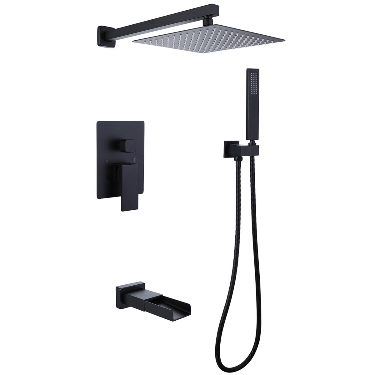 Waterfall Spout 3-Spray Tub and Shower Faucet Matte Black - buyfaucet.com