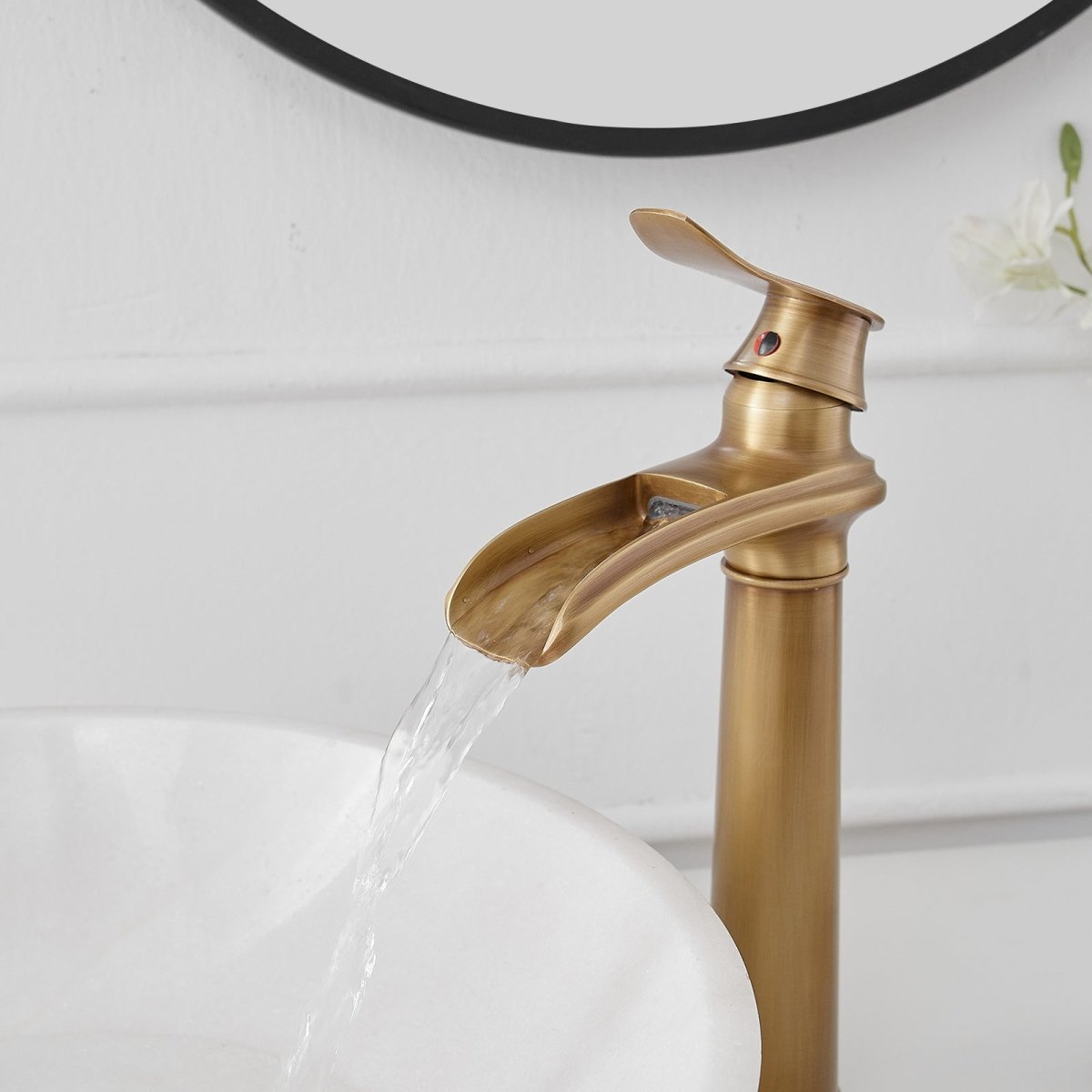Waterfall Tall Spout Vessel Sink Bathroom Faucet Antique Brass - buyfaucet.com